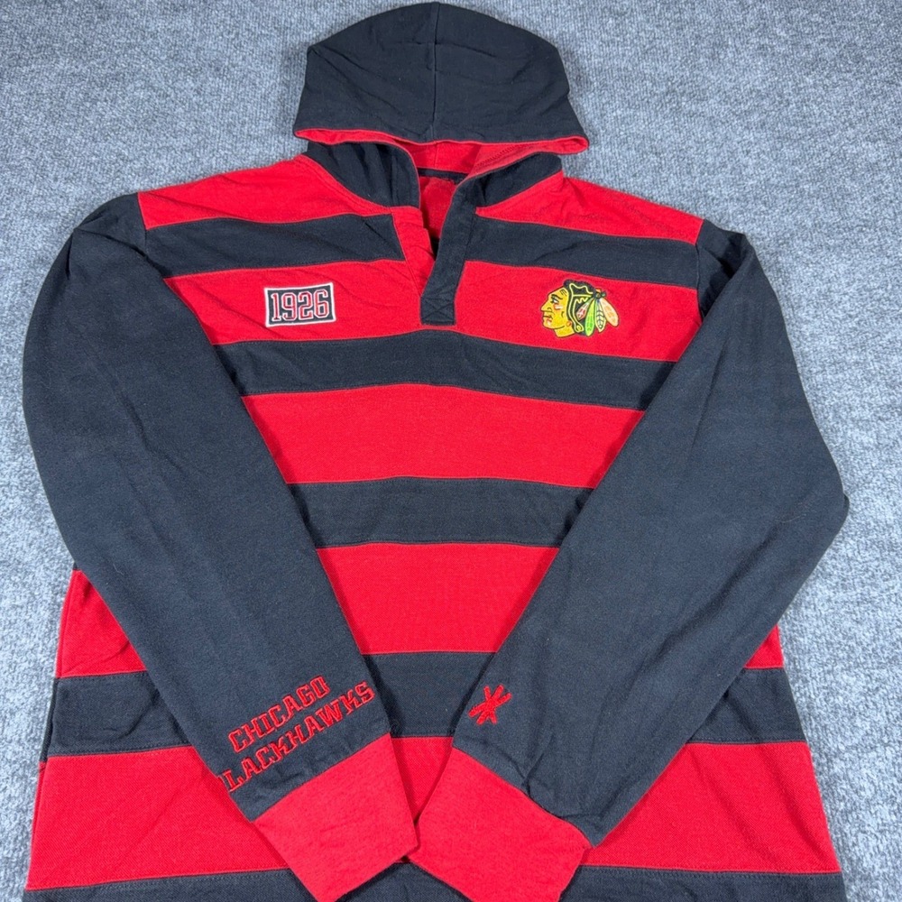 Chicago Blackhawks Mens Hooded Hockey Shirt Red Black Striped Long Sleeve 1926 L